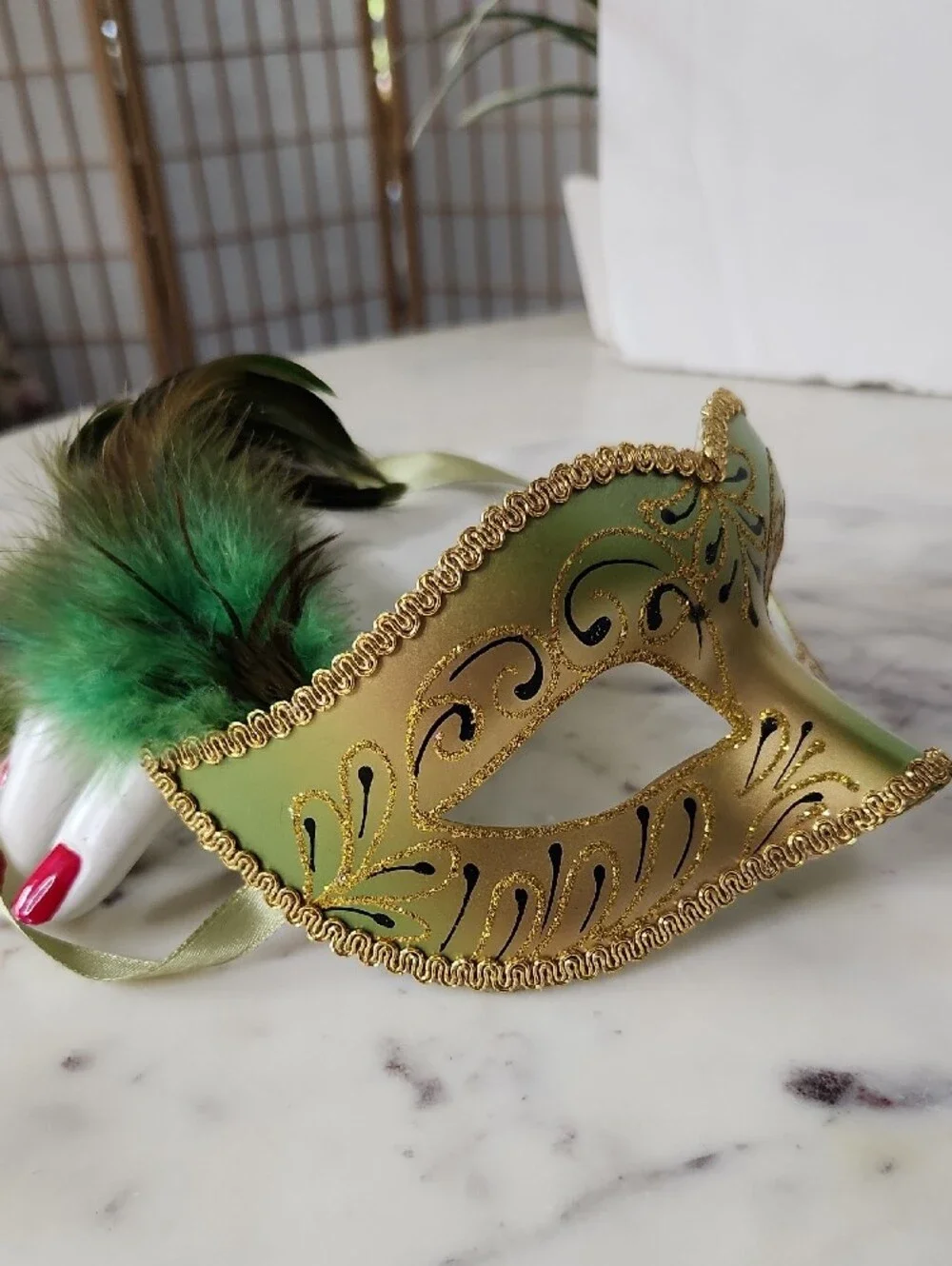 Vintage Green and Gold Feathered Venetian Masquerade Mask Italian🇮🇹